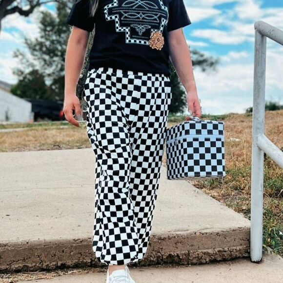 Round The Track Joggers Casual Black And White Checkered Pants Size L New - Picture 4 of 7